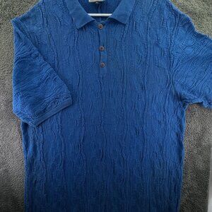 COOGI Sweater Short Sleeve Collared Blue Knit Intricate Pullover Men Long Cotton